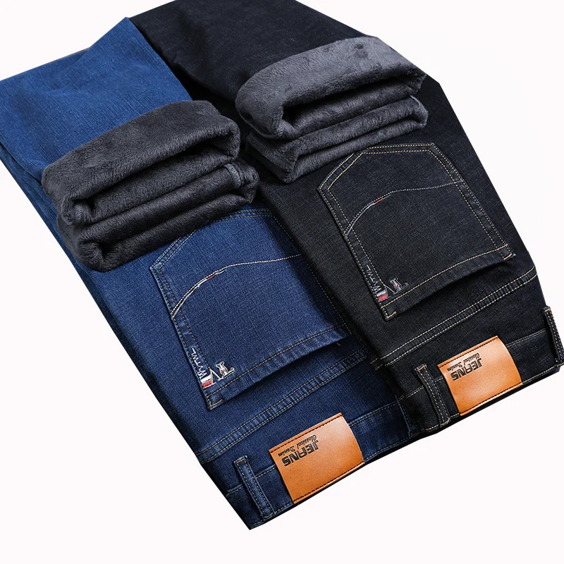 

Джинсы мужские прямые с флисовой подкладкой, Брендовые брюки из денима стрейч, Синие Деловые повседневные, большие размеры 40 42 44 46, Осень-зим...