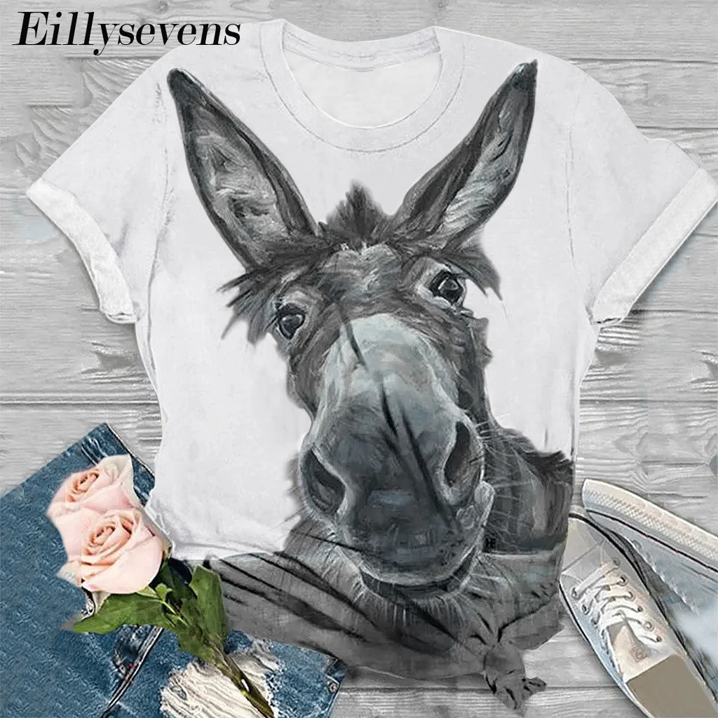 

Женская футболка с принтом осла, свободная футболка с круглым вырезом, в стиле Харадзюку, лето 2020