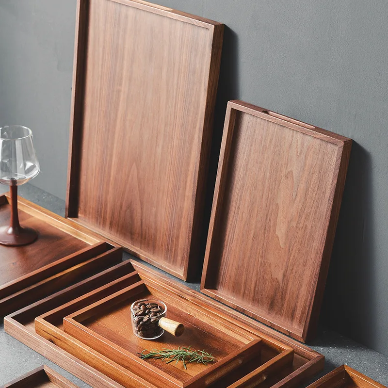 

Wooden Tray Tea Tray Rectangular Coffee Plate Walnut Solid Wood Organizer Hotel Plate Baking Pizza Steak Square Plate
