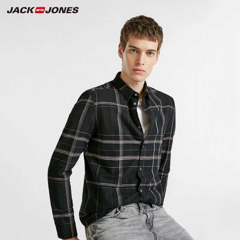 Black JackJones Мужская отшлифованная ткань клетчатая рубашка с длинными рукавами 218405521 - Цвет: Black