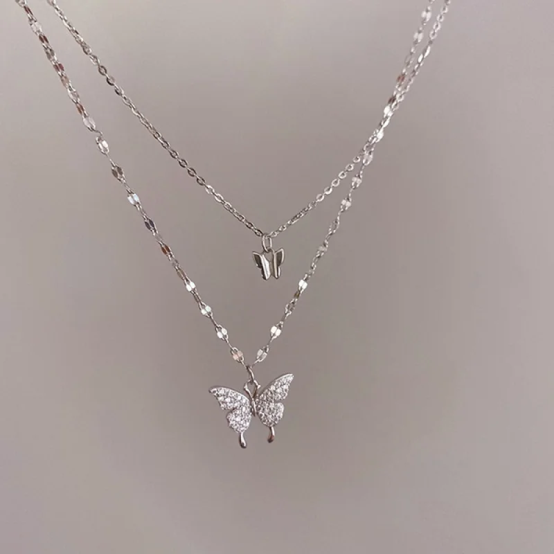 

Двойное ожерелье с бабочкой и кристаллами серебристого цвета для женщин, простой дизайн, элегантные свадебные украшения, подарки