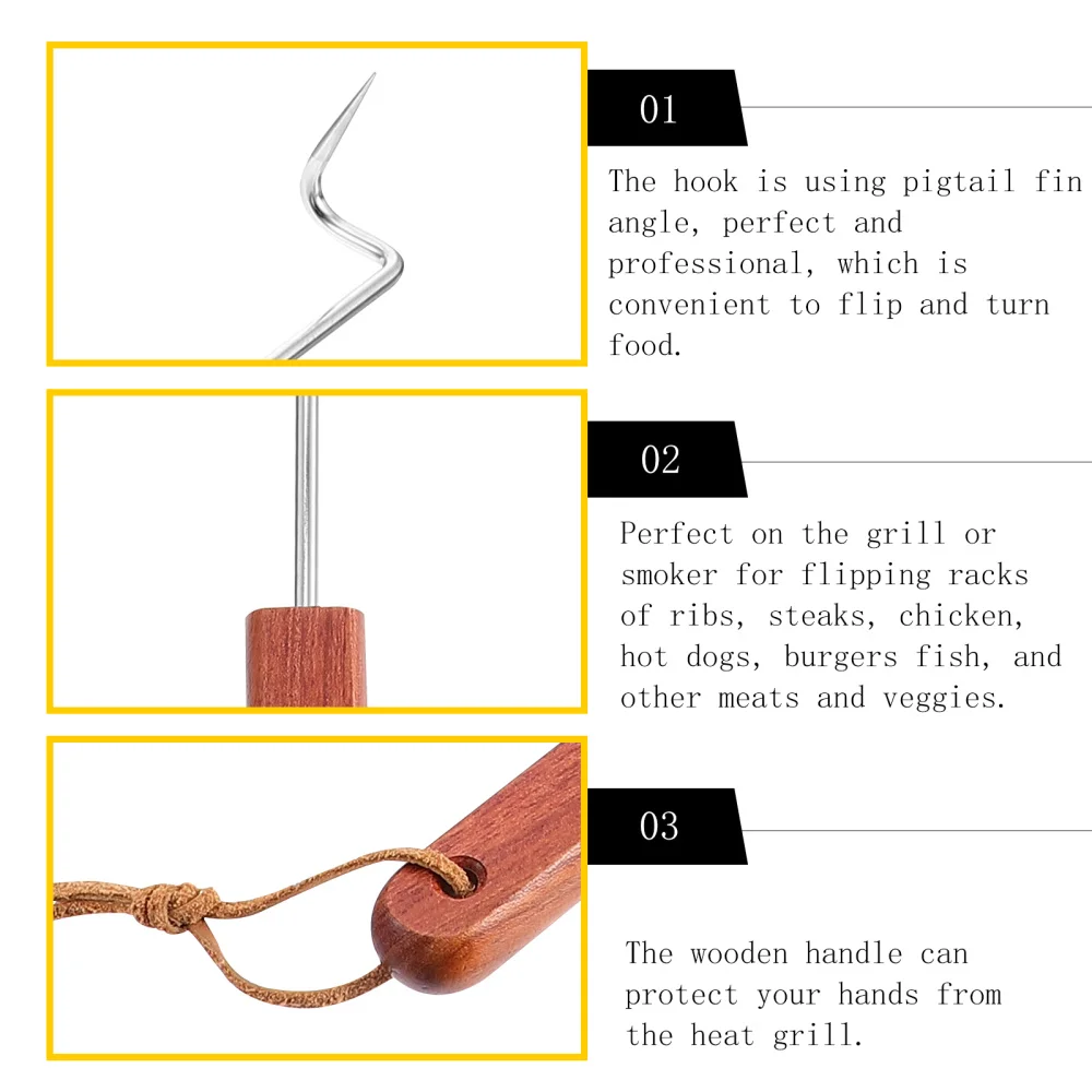 

1Pc Food Flipper Meat Turning Tool BBQ Meat Turner Hook with Wooden Handle