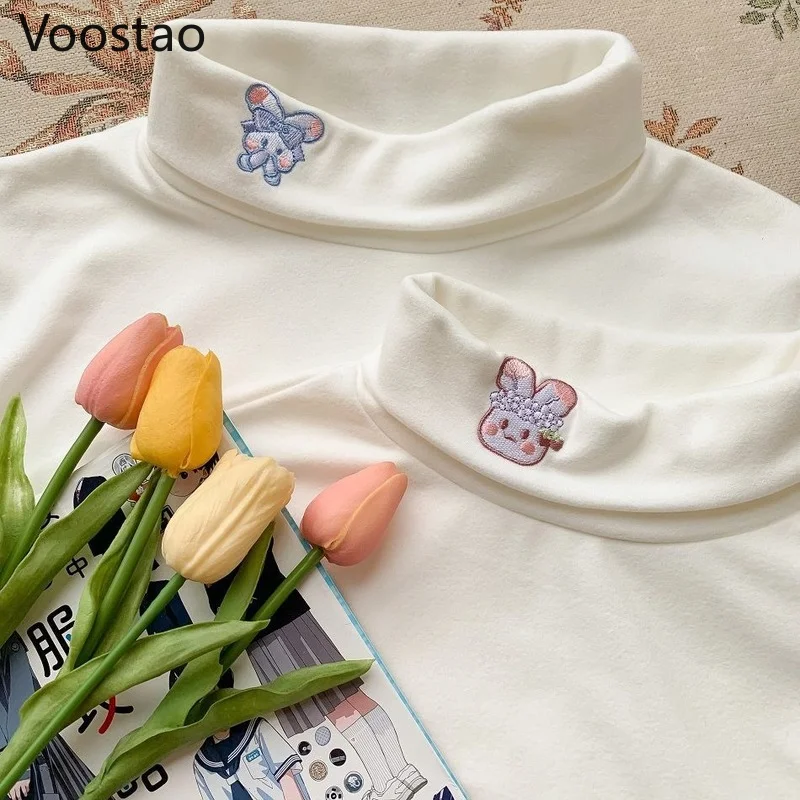 

Sweet Long Sleeve Lolita T-shirts Spring Autumn Women Cute Rabbit Embroidery Bottoming Shirt Girls Harajuku Student JK Tops Tees