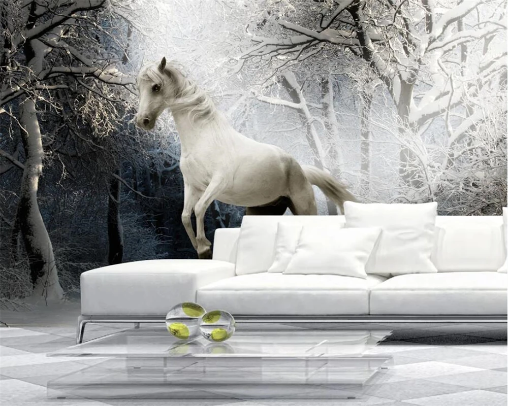 Пользовательские Современные модные снежные сцены черно белая лошадь