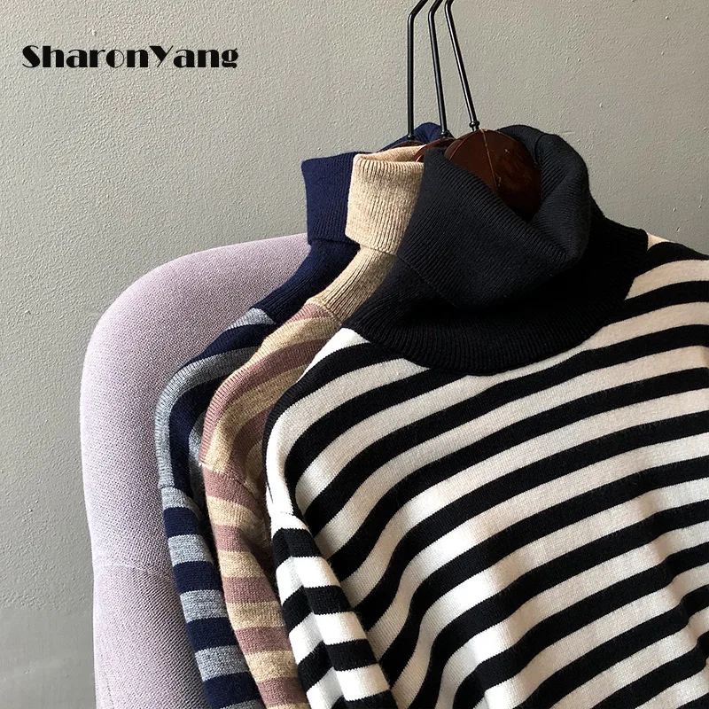 

Temperament Striped Sweater Women 2021 Winter New Korean Soft Loose Long Sleeve Knitting Turtleneck Sweater Women