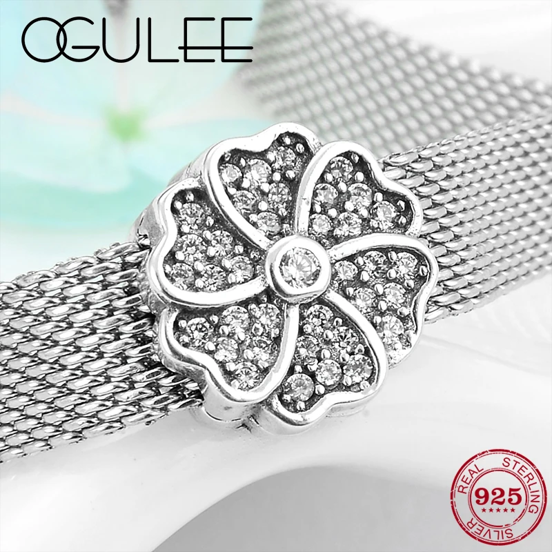 Аутентичные 925 пробы серебряные сверкающие мистические Цветочные шармы клипсы