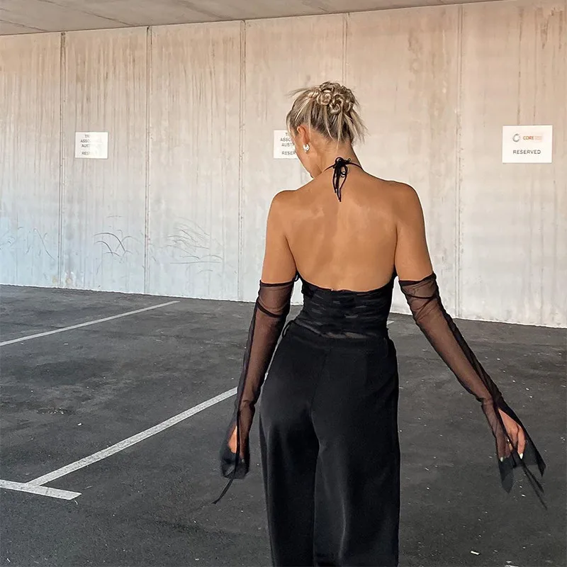 

Sexy V-neck Lace-up Mesh Long Sleeve Patchwork T-shirts Women Off Shoulder Backless Halter Deep V-neck T-shirts 2021