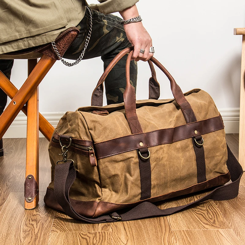 Vintage Waxed Canvas Men Luggage bag Genuine Leather Men Travel Bags Large Duffel Bags Weekend bag of trip Overnight carry on