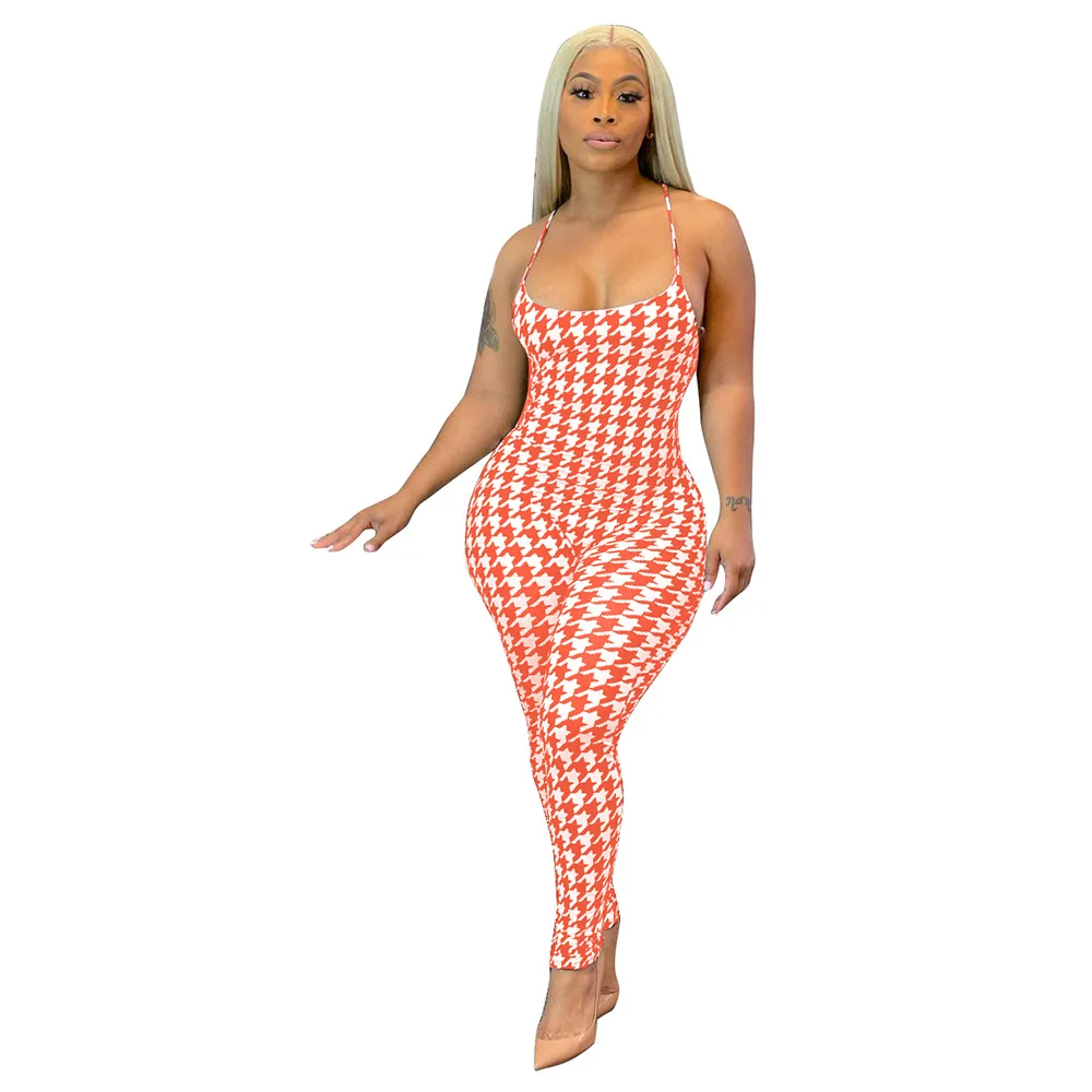 

Women Jumpsuit Summer Bandage Halter Tube Top Houndstooth Print Jumpsuit Women Sleeveless Bodysuit Rompers Womens Jumpsuits Hot