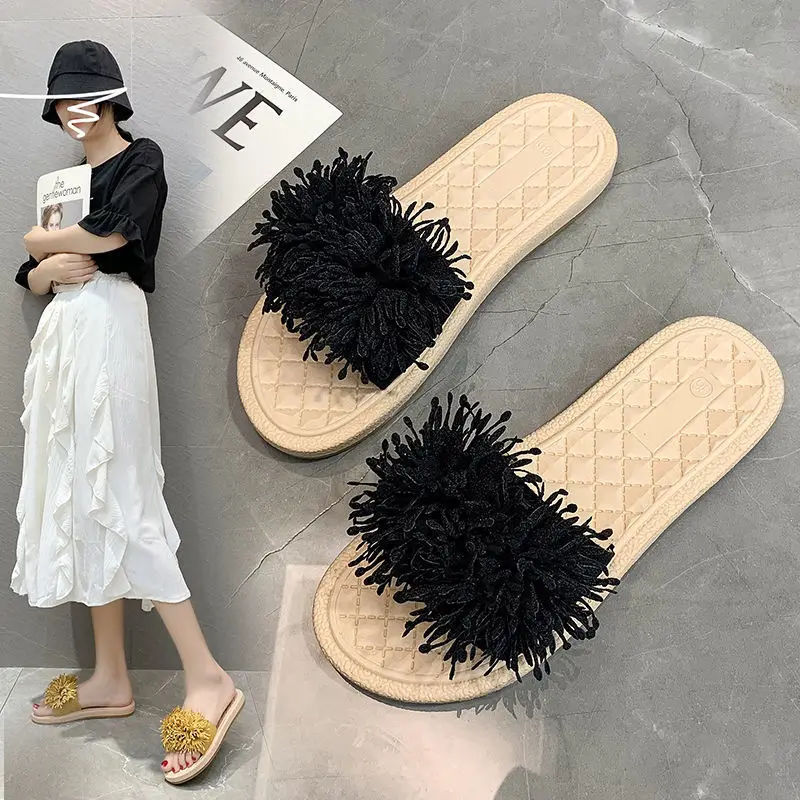 Шлепанцы женские с цветами повседневные замшевые домашние тапочки плоская