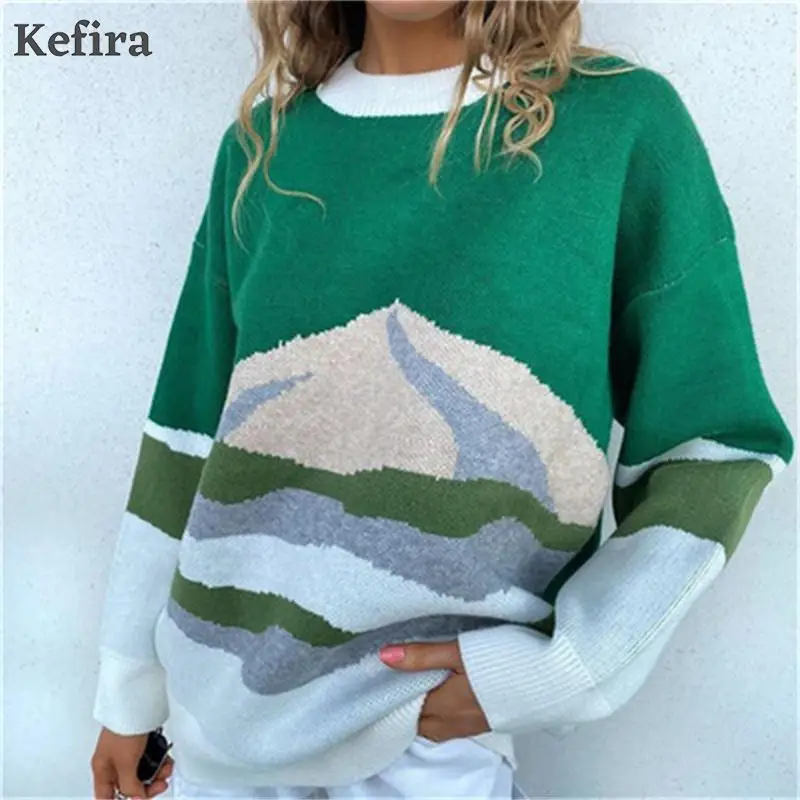 

Женский свитер оверсайз с круглым вырезом Kefira, теплый толстый Повседневный пуловер зеленого цвета, вязаный свитер свободного покроя на осе...