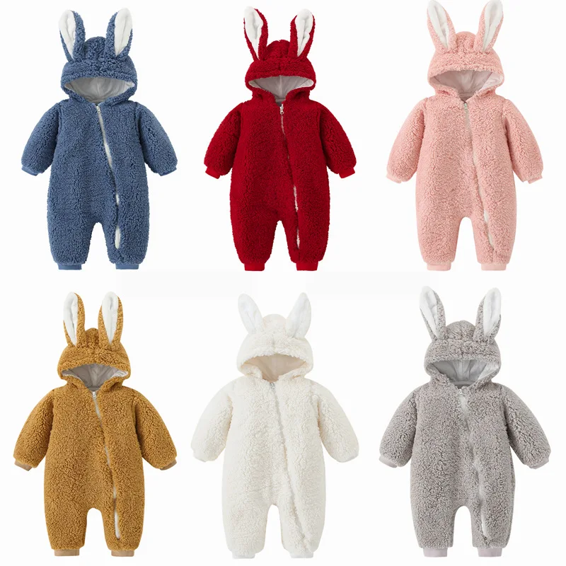 

Autumn and winter new baby thickening jumpsuit 0-2 years old baby cartoon rabbit ears cashmere cotton outing warm jumpsuit