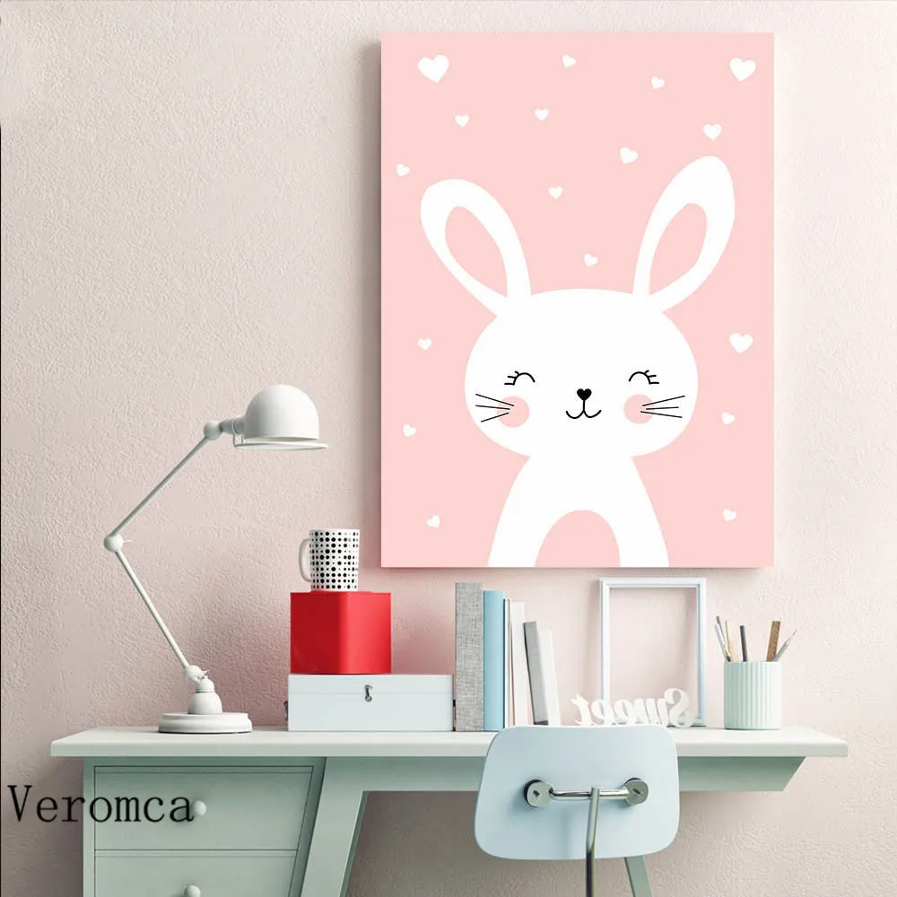 

Cute Rabbit Cartoon Animals Canvas Painting Nursery Wall Art Pictures Nordic Posters And Prints Baby Girl Bedroom Decoration