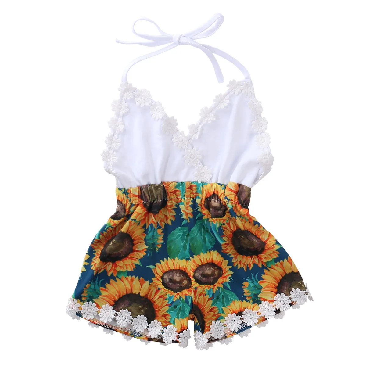 

Комбинезон для новорожденных девочек с подсолнухами, открытыми плечами, открытой спиной, шнуровкой, кисточками и V-образным вырезом