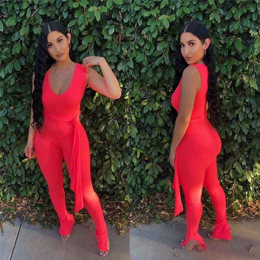 

Women Jumpsuit Knitted Sleeveless Solid Tank Split Flare Bodycon Jumpsuit Streetwear Fashion Romper One Piece Overalls