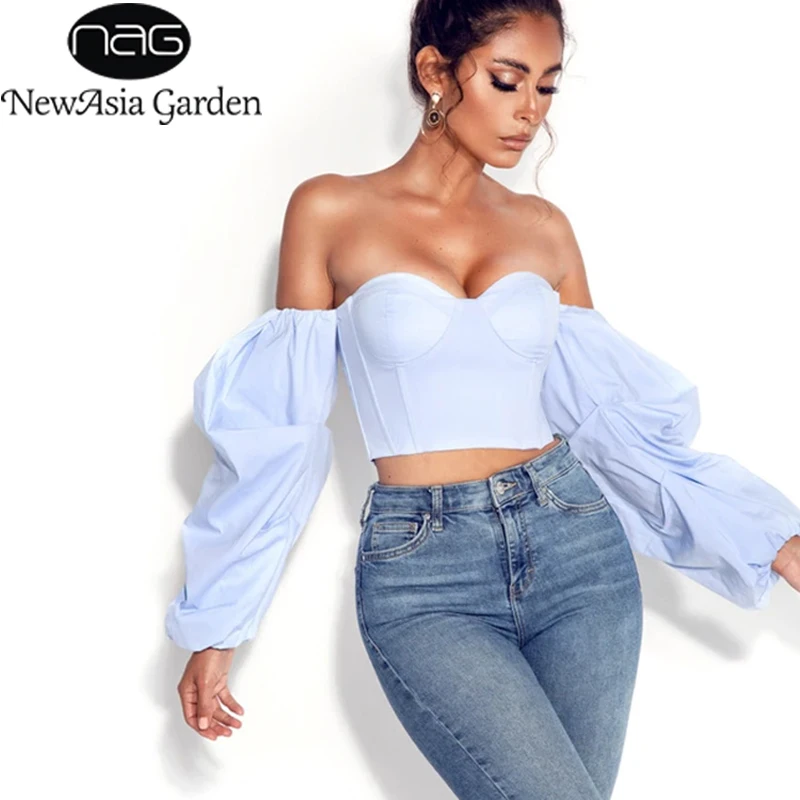 

NewAsia Boned Corset Tops Women Sexy Off Shoulder Blusas Long Stacked Sleeve Autumn Vintage Blue Blouses Casual Bustier 2020 New