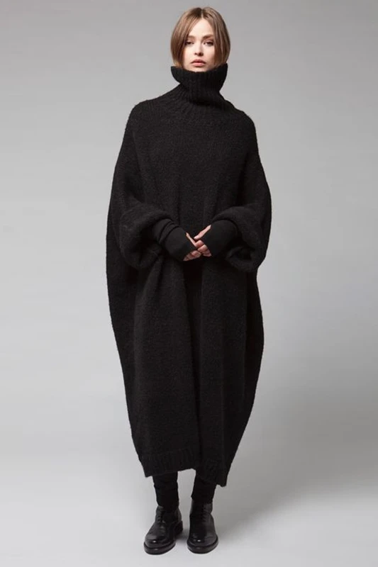 

FstFshion Homemade High Collar Pullover Sweater Dress Coat Loose Medium Length Bat Sleeve Winter Women's Wear