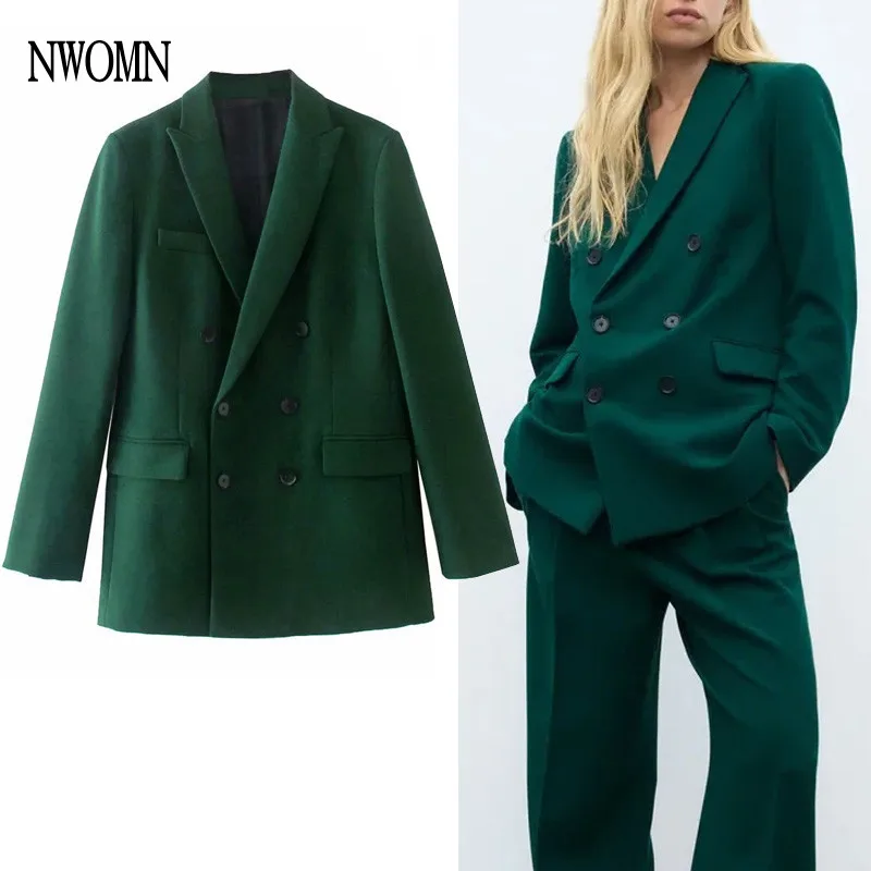 

Женский костюм-блейзер NWOMN Za 2021, винтажный двубортный Блейзер, свободное элегантное пальто, офисный женский зеленый пиджак с длинным рукаво...