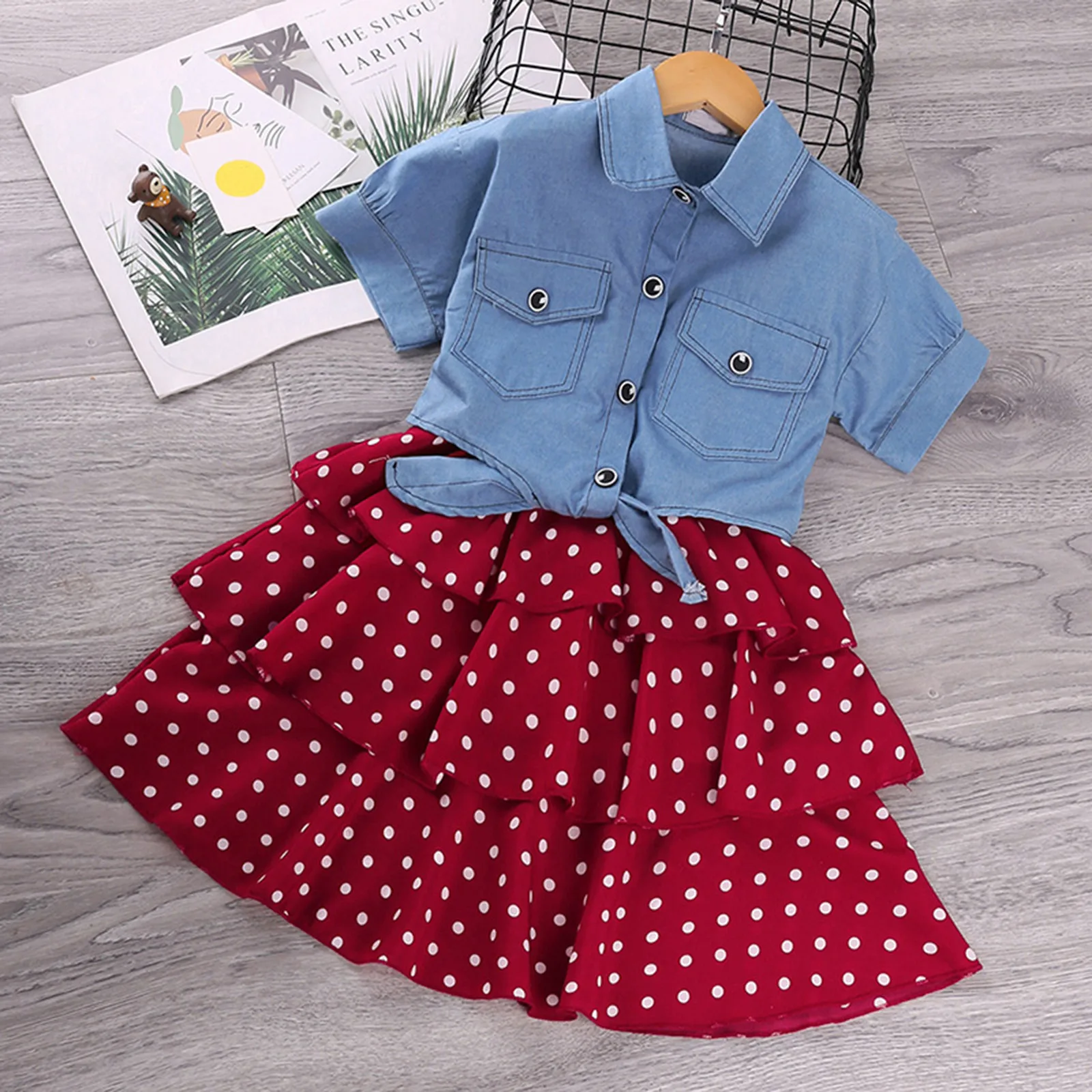 

2pc Polka Dot Girls Clothes Summer 2021 Outfits Toddler Kids Baby Denim Jacket Spaghetti Strap Layered Dress Set Outfits 3-9y