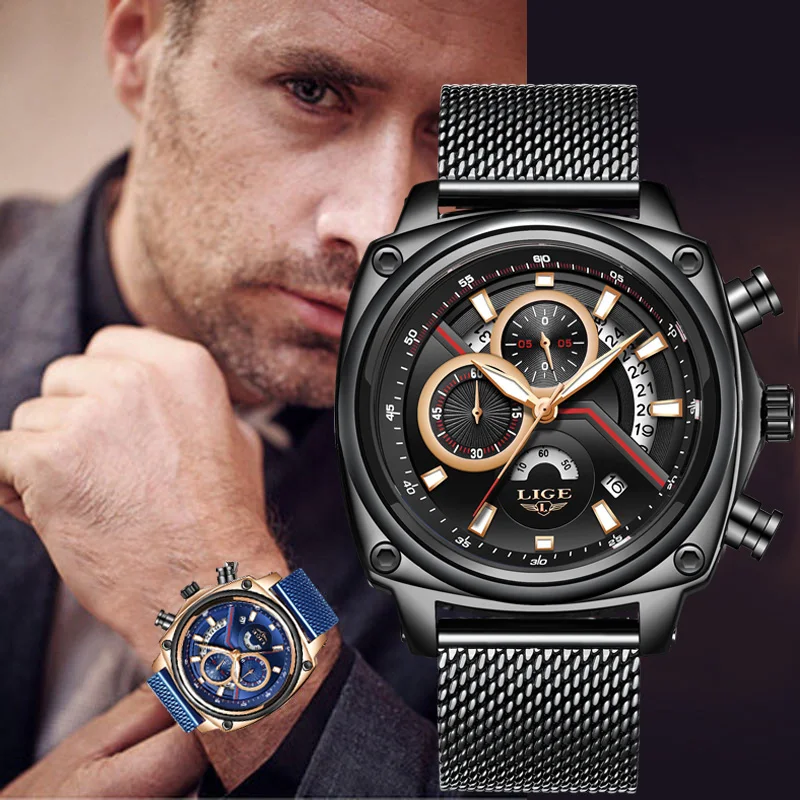 Мужские кварцевые часы LIGE спортивные водонепроницаемые в стиле милитари