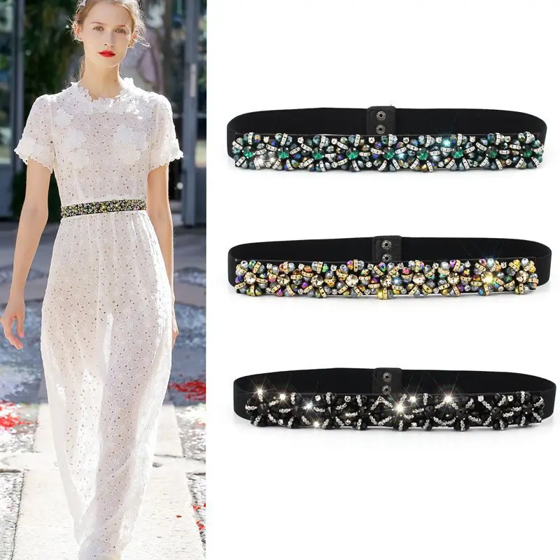 2019 New Arrival Designer Luxury Crystal Elastic Women Wide Belt with rhinestone Elegant belts for women High Qualit SD240