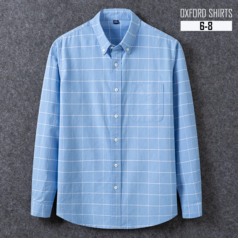 New Cotton Men's Oxford Plaid Casual Shirt  Long Sleeve Home Chest Pocket Regular-Fit Button-Down Collar Thick Work Dress Shirts