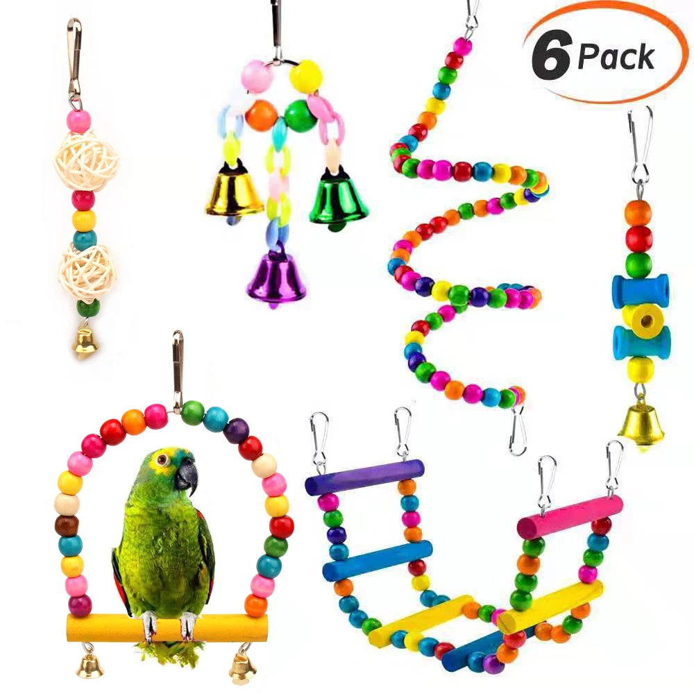 

6 шт. птица попугая, птица, качели игрушка Красочные Жевательная подвесной гамак качающийся колокол для скалолазания лестницы игрушки птицы игрушки для пар