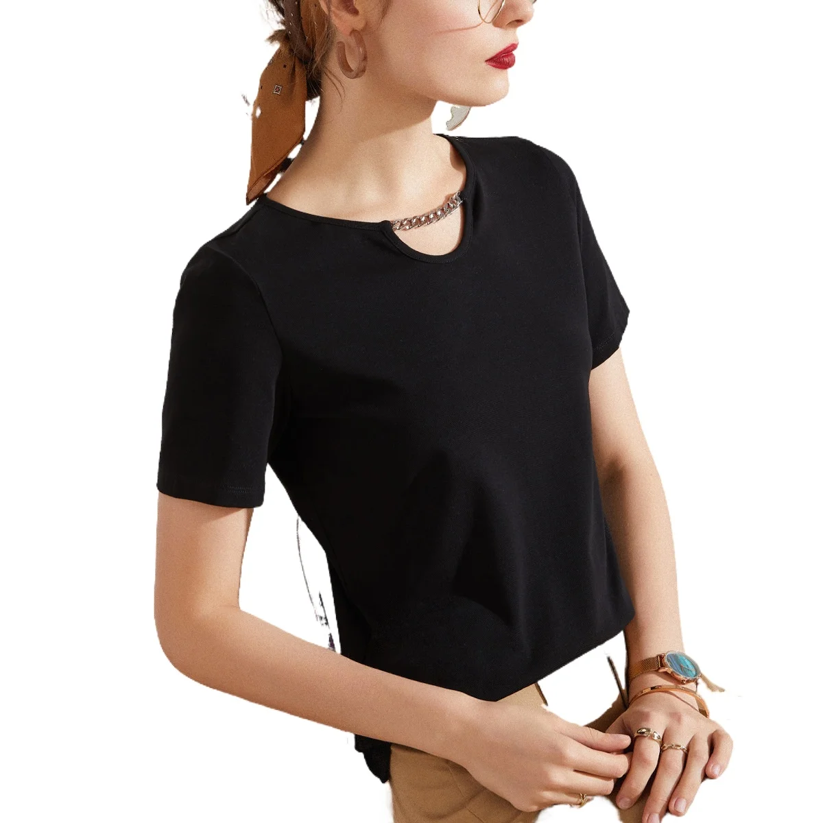 

2021 Spring Women's new T-shirt cotton semi-short-sleeved T-shirt stitching tops bottoming round-neck soft breathable pullovers