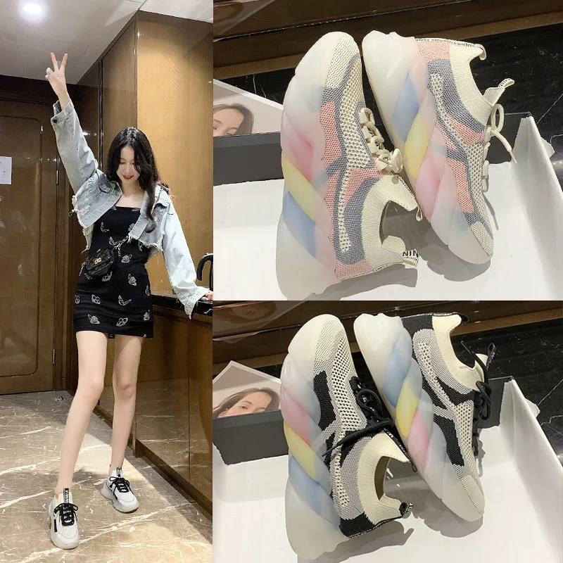 

Женские кроссовки на массивной подошве, повседневные дышащие кроссовки с радужной подошвой и круглым носком, модель 2022 года