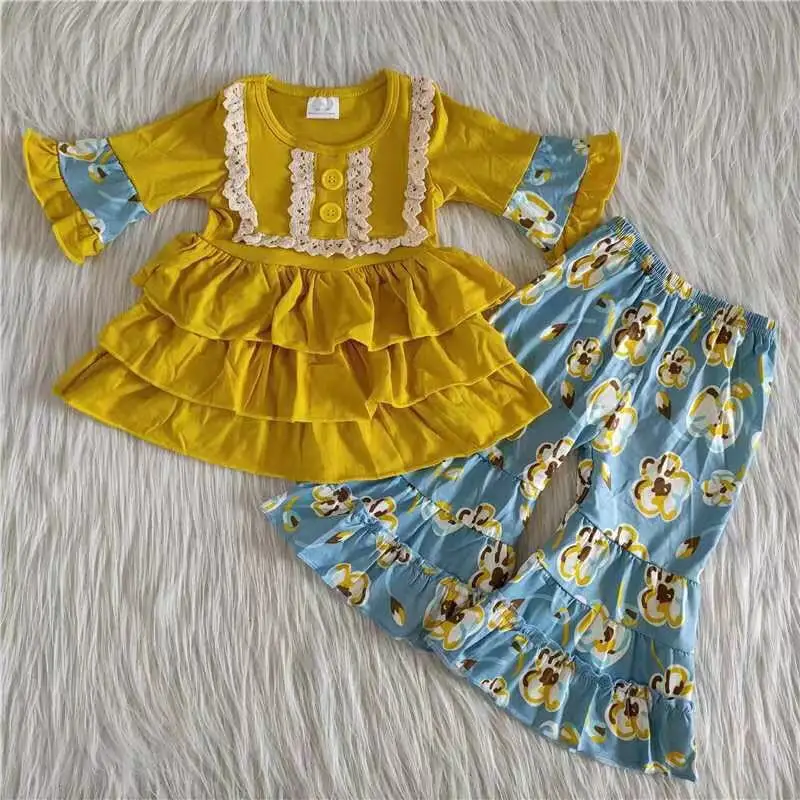 

Ready to ship mustard ruffle top match pants fall outfits baby girls clothing sets fashion kids girl clothes