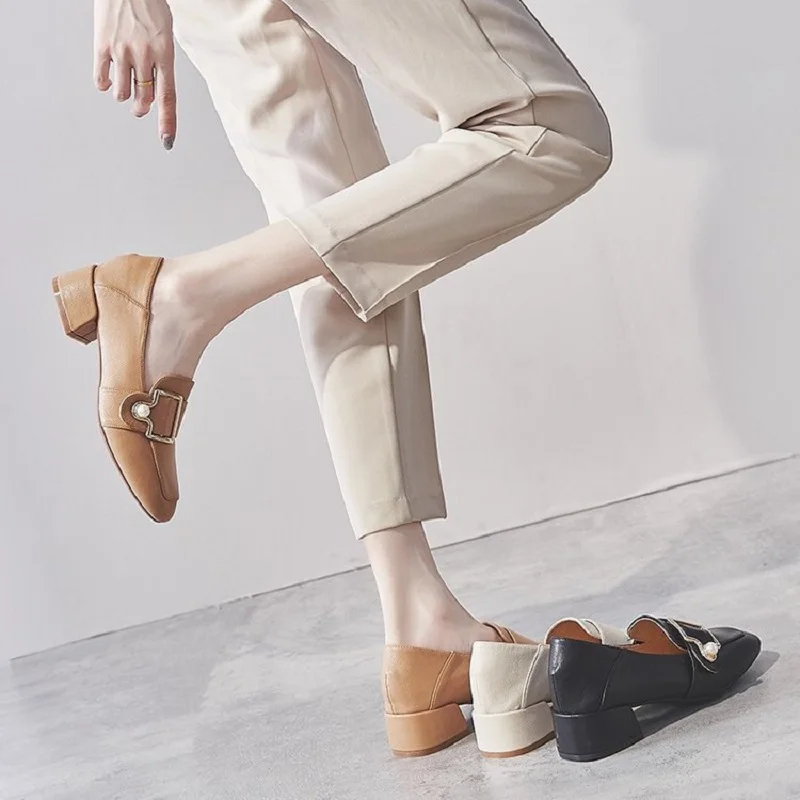 

My-Love Elegant Women Pumps Metal Buckle Loafers Fashion Pearl Ladies Shoes Comfortable PU Slip-on Mid Heel Women Office Shoes