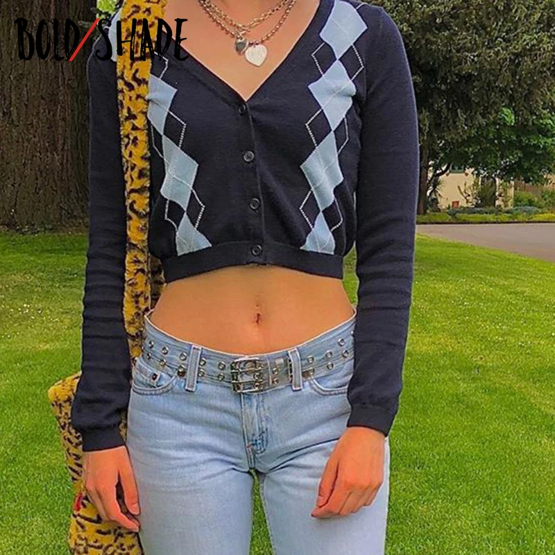 

Bold Shade Y2k Vintage 90s Fashion Knit Cardigans Argyle V-Neck Long Sleeve Sweaters Streetwear Women Fall Winter Indie Outfits