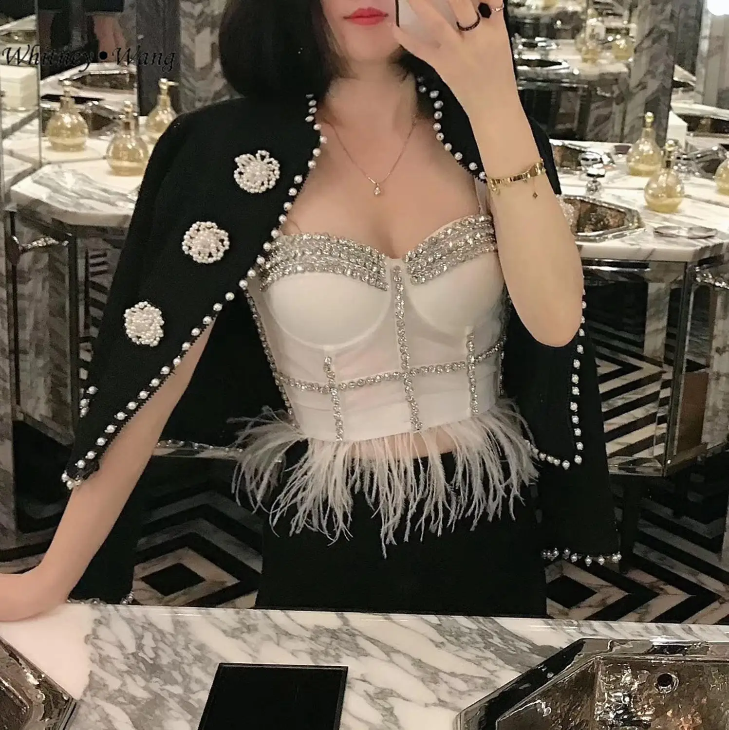 2019 модная уличная одежда WHITNEY WANG облегающие Короткие топы с блестящими стразами