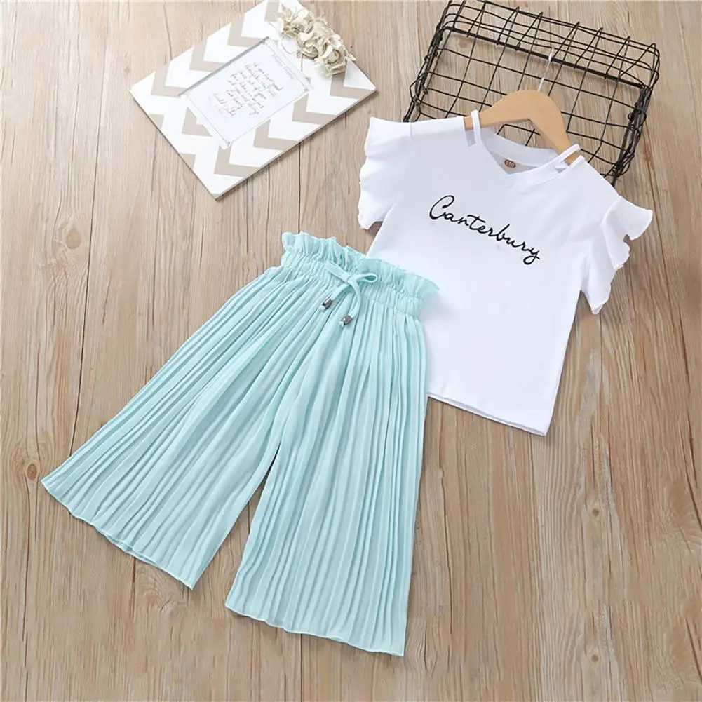 

Pants Solid Color Loose Set Girls Lacework Tops Pants Suit for Summer