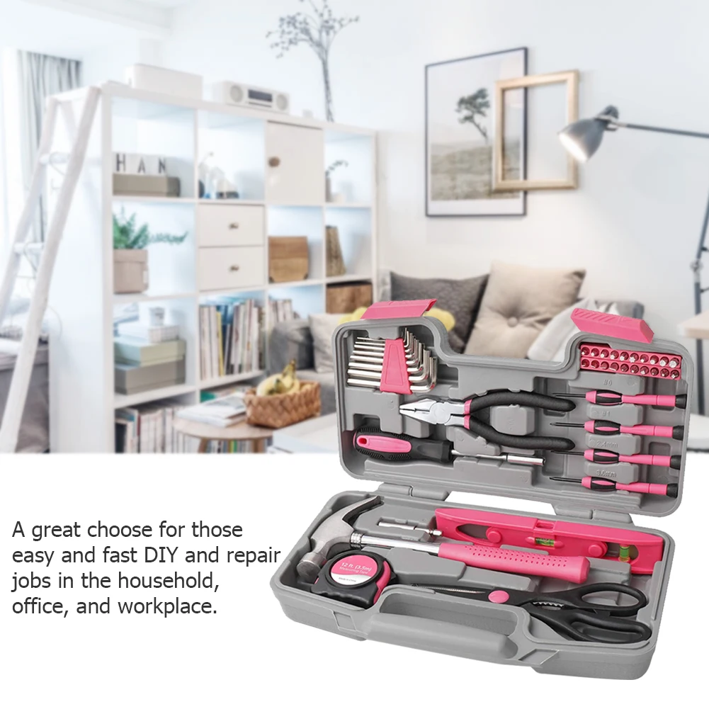 

39PCS Hand Tool Set DIY Home Measuring Tape Pliers Tool Kit Bag Pink Tools For Women Girls Gift With Hard Storage Tool Case
