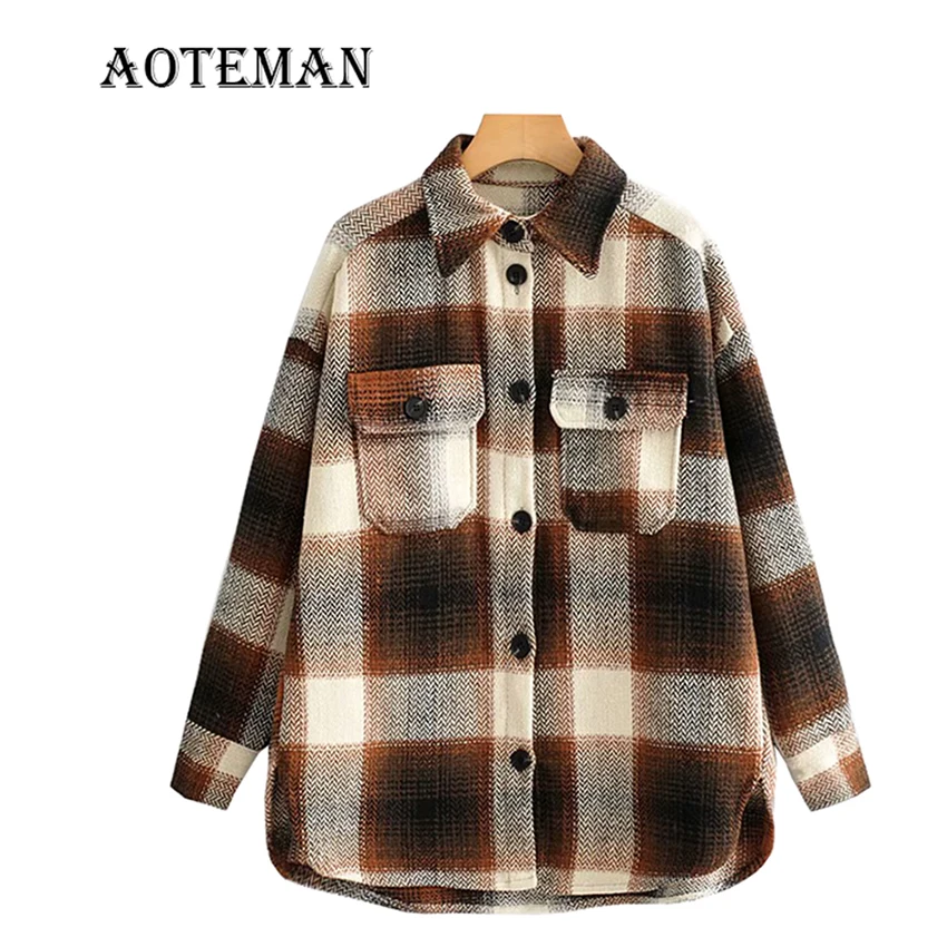 

Женские клетчатые куртки, пальто 2020, винтажная женская верхняя одежда большого размера, верхняя одежда с длинным рукавом, модное женское зи...