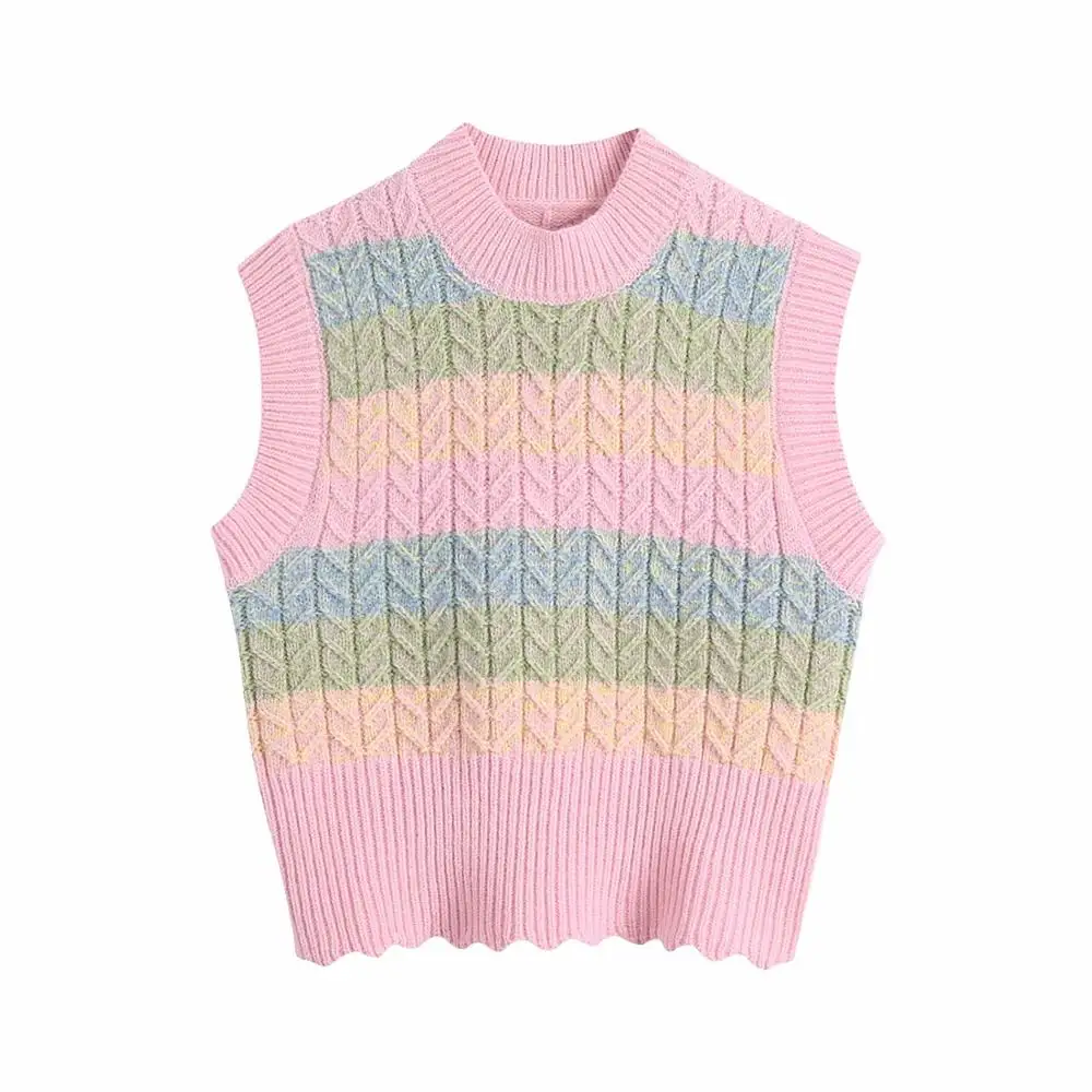 

Xitimeao New Women Sweet Fashion Color Matching Knitted Vest Sweater Vintage O Neck Sleeveless Female Waistcoat Chic Tops