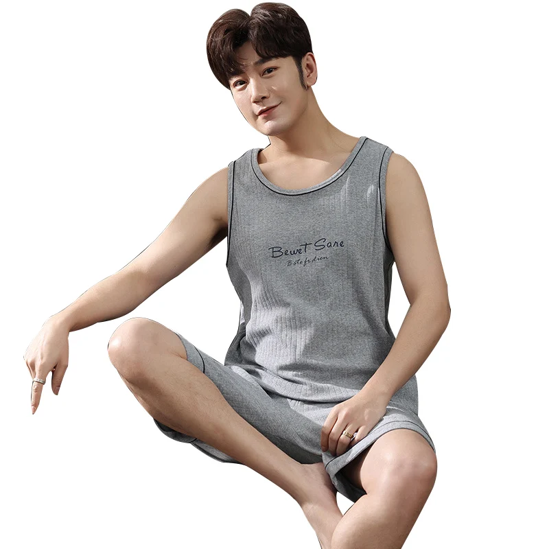 

2021 Summer Man Pajamas Casual Vest Shorts Sets Solid Fashion Letters Home Costumes Cotton Thin Sleepwear Men's Pajama 2Pcs/Set
