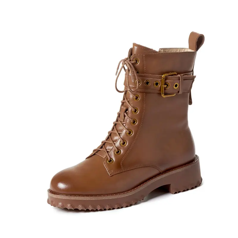 

100% Cow Leather Platform Lace Up Buckle boots woman Fashion Women Shoes Square Heel Round Toe Winter Ankle Boots Size 34-42
