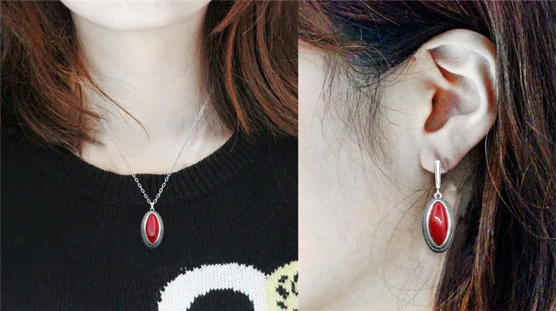 Double Layer Rhombus Red Stone Set Retro Necklace Earrings Set For Women Antique Silver Plated Fashion Jewelry
