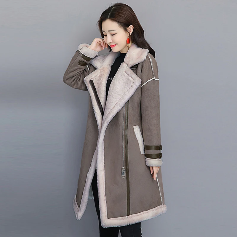 2019 Winter New Style Lamb Fur one Coat women Mid-length Motorcycle Warm Jacket Deerskin Plus size Thicken Female Overcoat 3XL | Женская