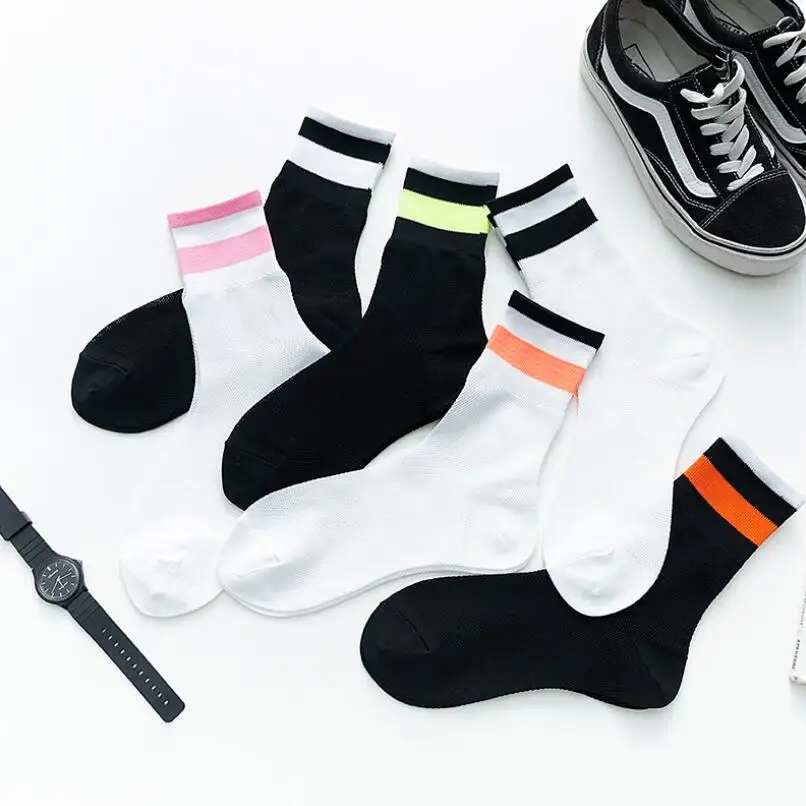5 Pairs Girls Cotton Striped Ankle Socks Students Summer Breathable Sport Crew Sock Neon Colors Women White Mesh Ankle Socks
