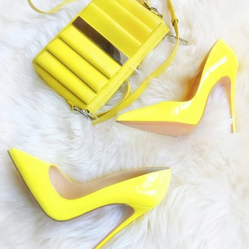 

Yellow Patent Leather High Heel Dress Shoes 8 10 12cm Stiletto Heel Pumps Pointed Toe Slip-on Brand Party Dress Shoes Size 45
