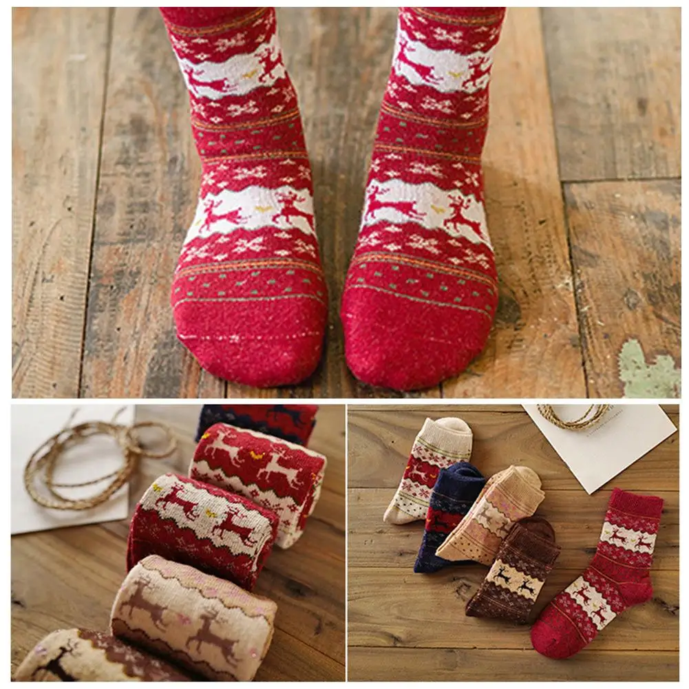 Осенне зимние теплые женские носки с принтом снежинок и оленей Стрейчевые