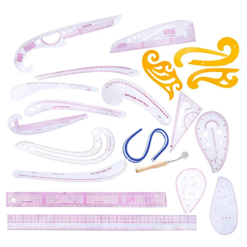 

21Pcs Sewing Ruler Line French Curve Ruler Cutting Mat Set Yardstick Sleeve French Curve Cutting Knife Ruler Sewing Tool