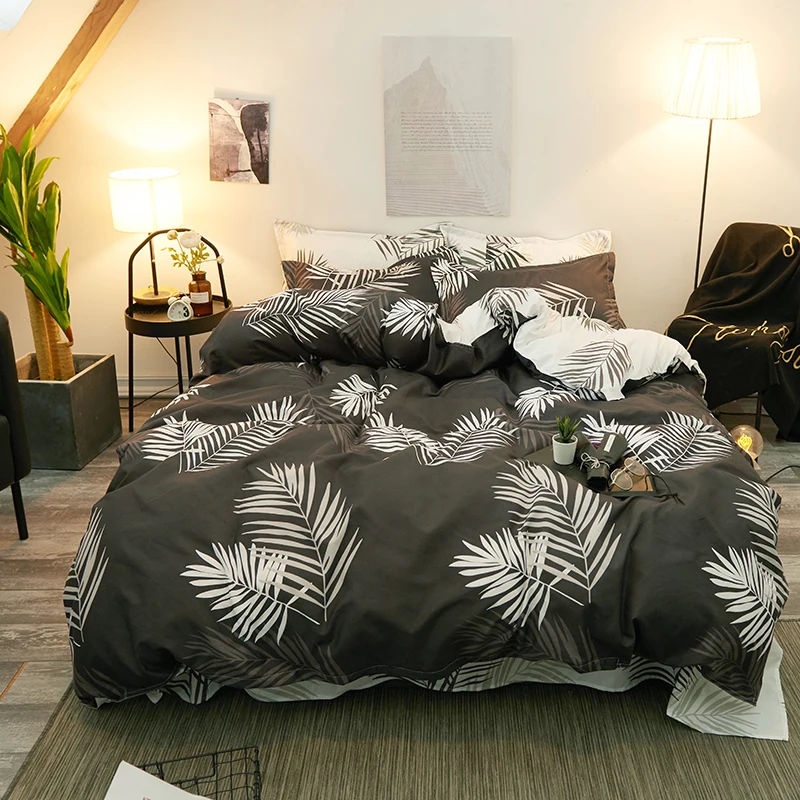 Комплект постельного белья из 4 предметов черный белый пальма двусторонний Tropica