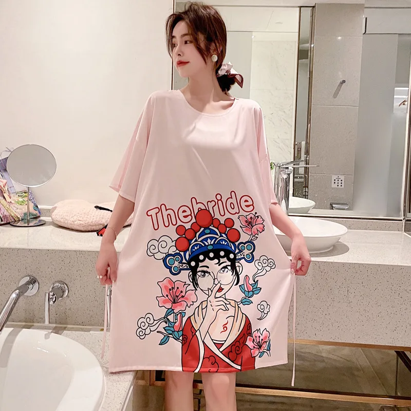 

2021 Summer New Sleep Dress Women Satin Nightgown Short Sleeve Nightdress O-neck Sleepwear Peking Opera Print Home Dressing Gown