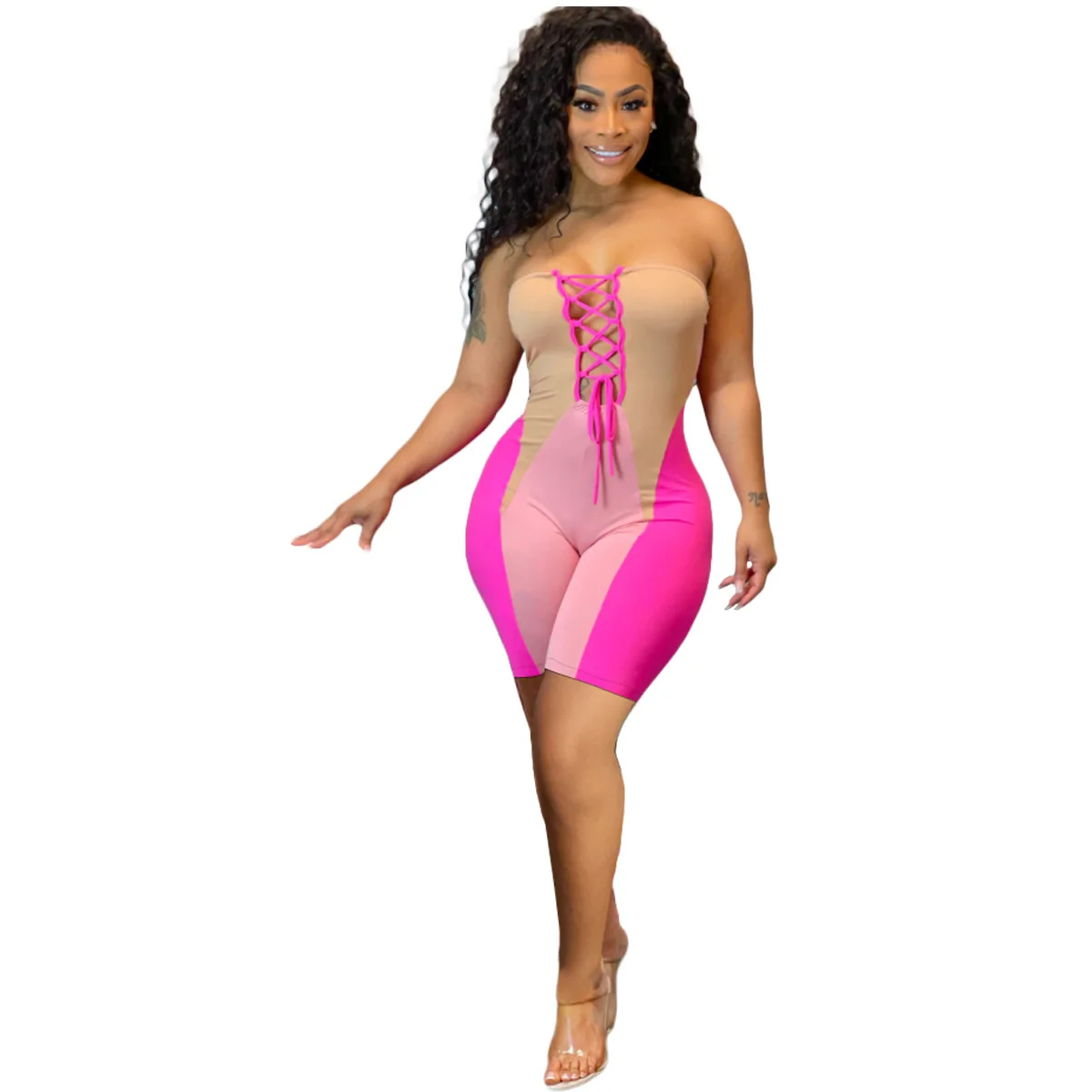 2021 New Sexy Bandage Strapless Skinny Patchwork Playsuits Jumpsuits Overalls For Women Combinaison