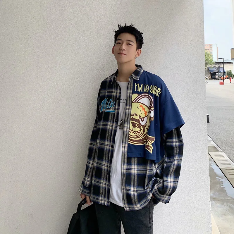

Plaid Oversize Shirt Harajuku Printed Casual Oversize Long Sleeve Streetwear Button Shirt Blusa Masculina Men's Clothing DB60SH