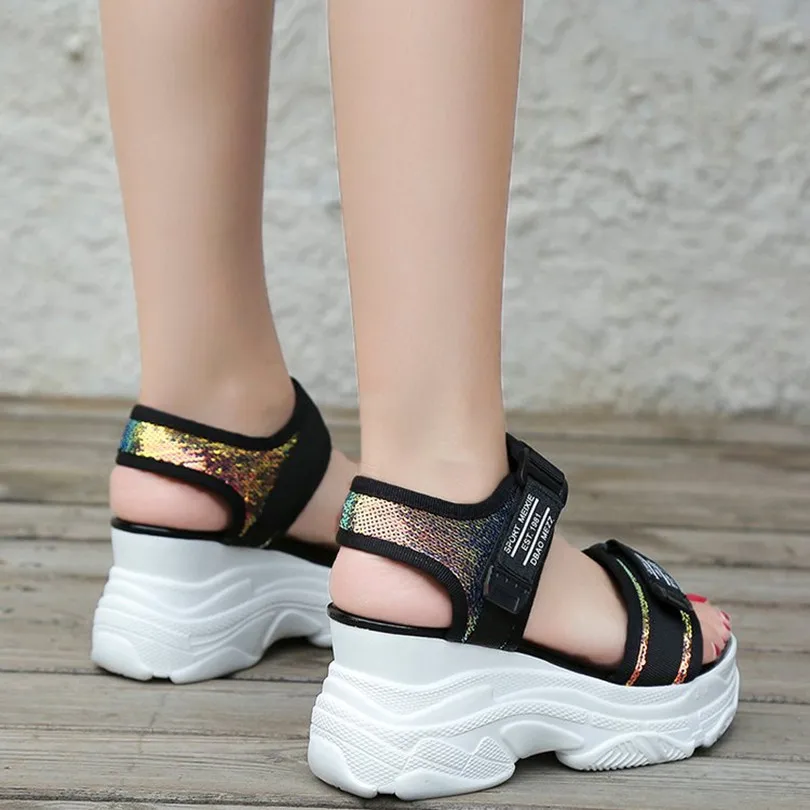 

Sweet Platform Sandals for Women 2021 Summer Wedges Thick Heels Womans Sports Sandals Casual Sequins Loop Student Ladies Shoes